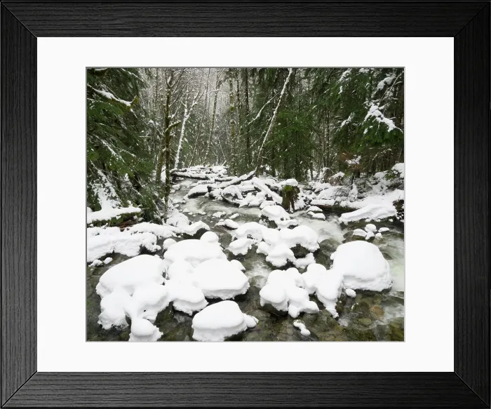 Framed Print : Washington State, Central Cascades. Mount Baker Snoqualmie National Forest, Martin Creek in winter with snow covered rocks Framed Print : Washington State, Central Cascades. Mount Baker Snoqualmie National Forest, Martin Creek in winter with snow covered rocks