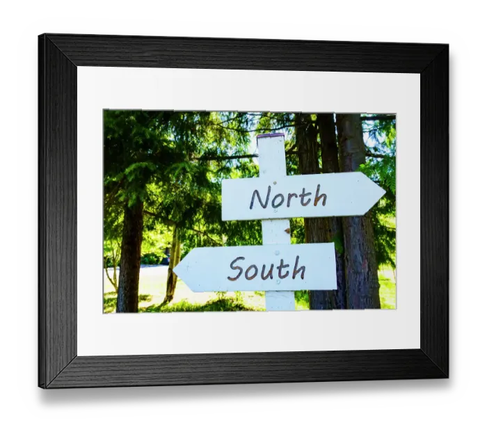 Framed Print : North South sign directions, Lummi Island, Washington State, USA Framed Print : North South sign directions, Lummi Island, Washington State, USA