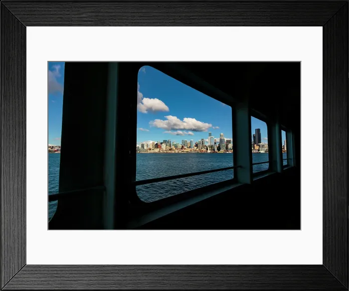 Framed Print : Seattle skyline from a Puget Sound ferry on Elliott Bay, Washington State, USA Framed Print : Seattle skyline from a Puget Sound ferry on Elliott Bay, Washington State, USA