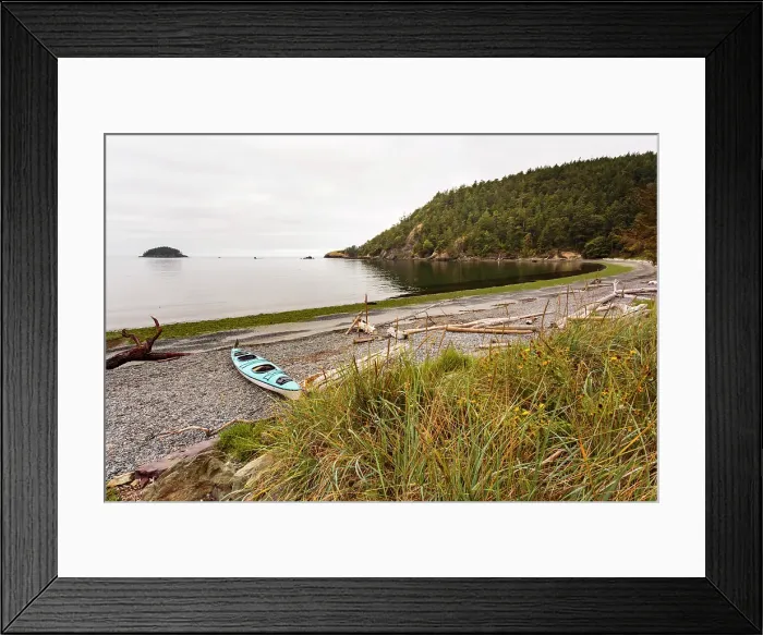 Framed Print : Sea kayak on the shore of Bowman Bay, Deception Pass State Park, Washington State, USA Framed Print : Sea kayak on the shore of Bowman Bay, Deception Pass State Park, Washington State, USA