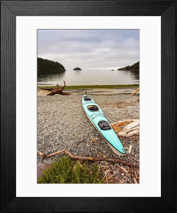 Framed Print : Sea kayak on the shore of Bowman Bay, Deception Pass State Park, Washington State, USA Framed Print : Sea kayak on the shore of Bowman Bay, Deception Pass State Park, Washington State, USA