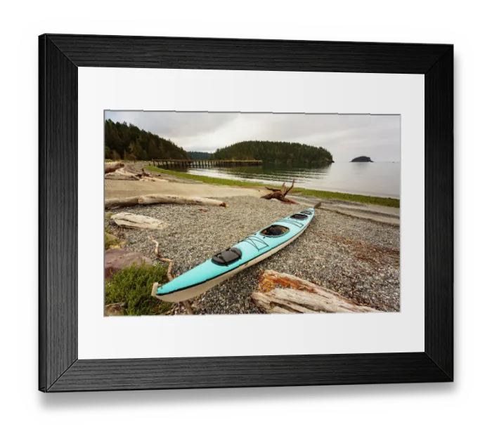 Framed Print : Sea kayak on the shore of Bowman Bay, Deception Pass State Park, Washington State, USA Framed Print : Sea kayak on the shore of Bowman Bay, Deception Pass State Park, Washington State, USA