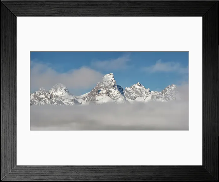 Framed Print : USA, Wyoming, Jackson. Grand Teton National Park, Fog hovers beneath Middle Teton, Grand Teton, and Mount Owen in the Teton Range