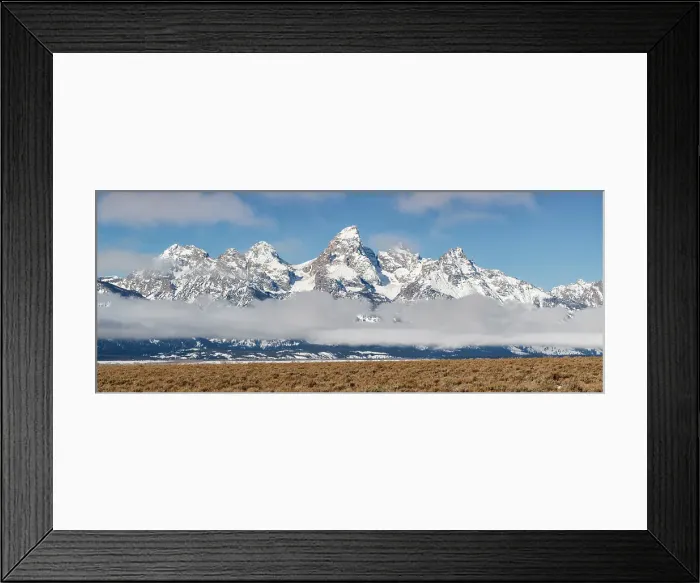 Framed Print : USA, Wyoming, Jackson. Grand Teton National Park, Panoramic view of fog hovering beneath the Teton Range Framed Print : USA, Wyoming, Jackson. Grand Teton National Park, Panoramic view of fog hovering beneath the Teton Range