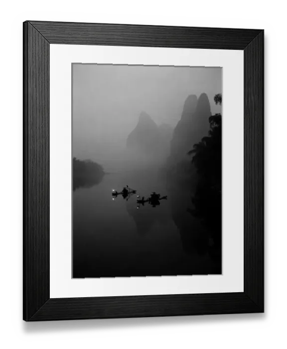 Framed Print : Black and white, China, Li River, Fisherman on Rafts fishing with Cormorants Framed Print : Black and white, China, Li River, Fisherman on Rafts fishing with Cormorants