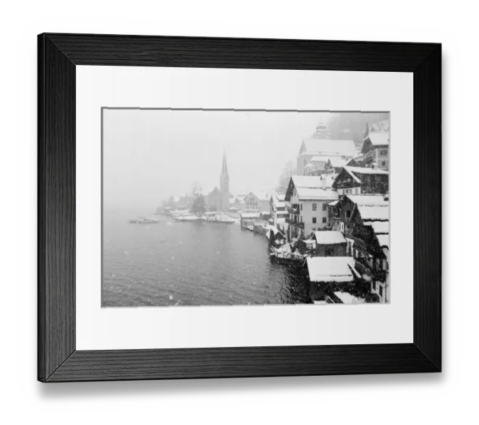 Framed Print : Europe, Austria, Hallstat. Town view in the snow