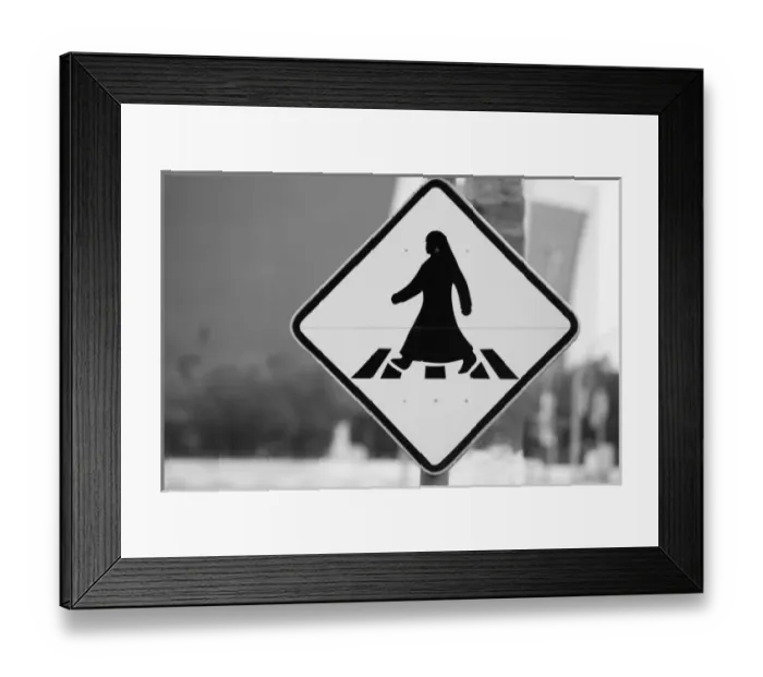 Framed Print : Qatar, Ad Dawhah, Doha. Arabian Pedestrian Crossing Sign  /  Al-Corniche Street