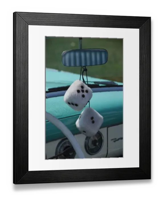 Framed Print : USA, Massachusetts, Gloucester. Fuzzy dice in a 1950s-era convertible