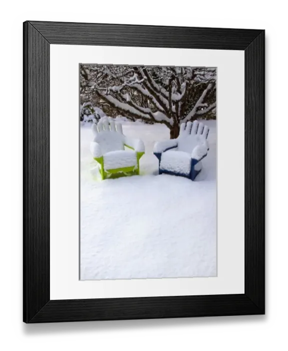 Framed Print : USA, Washington, Seattle, Snow Covered Adirondack Chairs Framed Print : USA, Washington, Seattle, Snow Covered Adirondack Chairs