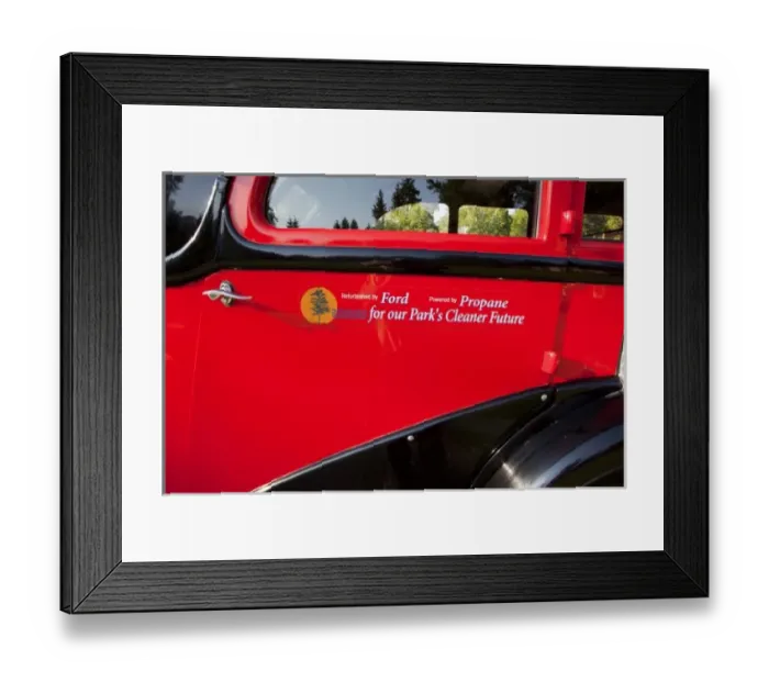 Framed Print : USA, Montana, Glacier National Park, Vintage touring coach or Jammer at Lake McDonald