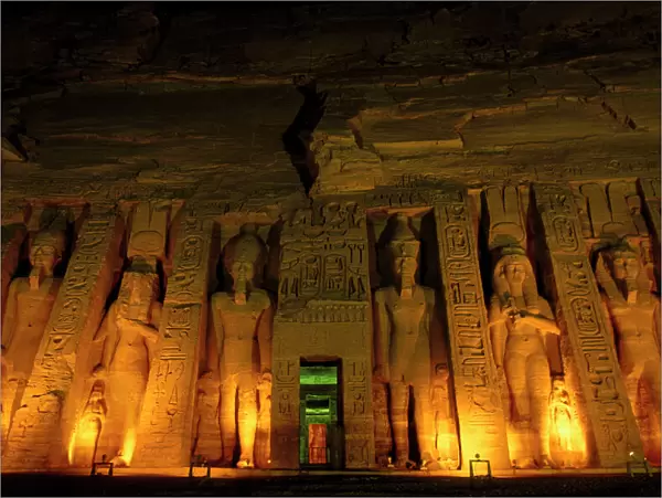 Egypt, Abu Simbel, Lighted facade of Small Temple of Hathor for Queen Nefertari