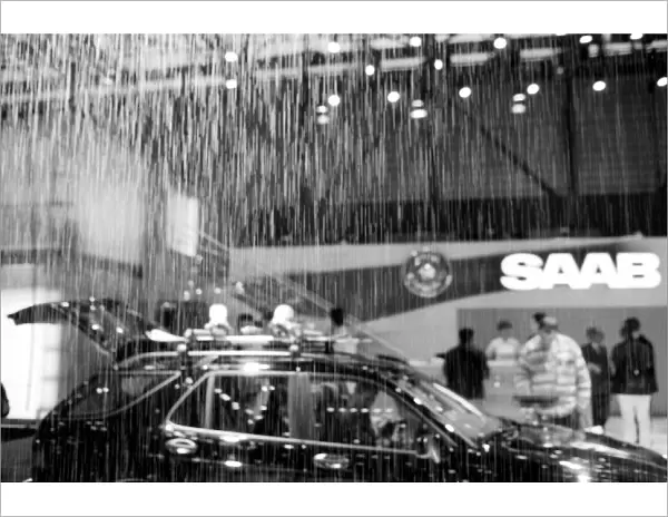 Europe, Switzerland, Geneva. Geneva Motor Show; artificial rain at the Saab exhibit