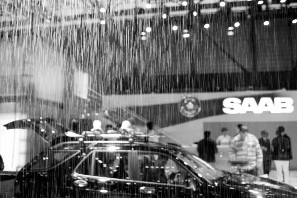 Europe, Switzerland, Geneva. Geneva Motor Show; artificial rain at the Saab exhibit