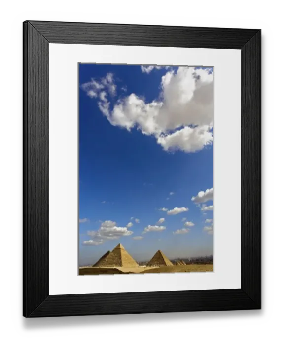 Framed Print : The Pyramids of Giza, Khafre, Chepren, and Menkaure Pyramids, on the Giza Plateau and distant Cairo