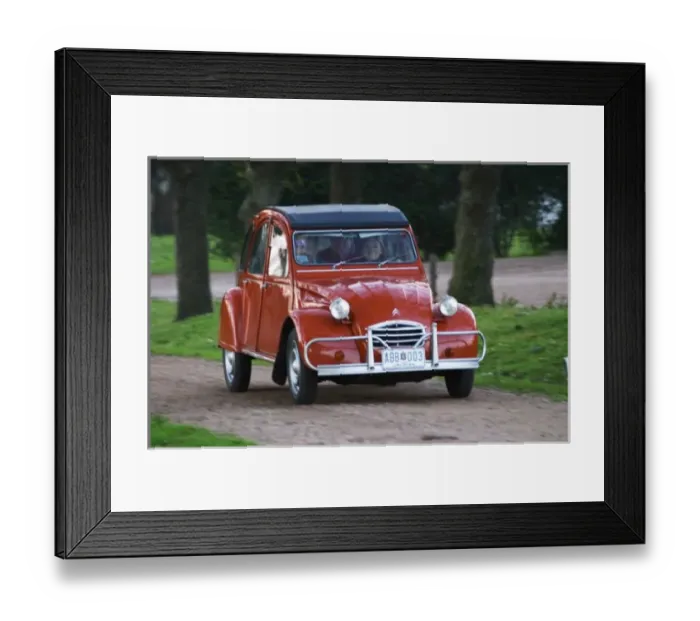 Framed Print : An old red Citroen 2CV car with a smiling woman driving, Elisa Trabal de Bouza owner Framed Print : An old red Citroen 2CV car with a smiling woman driving, Elisa Trabal de Bouza owner