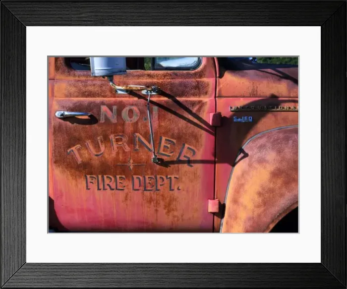 Framed Print : MAINE. USA. Detail of 1956 International 2 1 / 2 ton truck near Paris. Old fire truck Framed Print : MAINE. USA. Detail of 1956 International 2 1 / 2 ton truck near Paris. Old fire truck