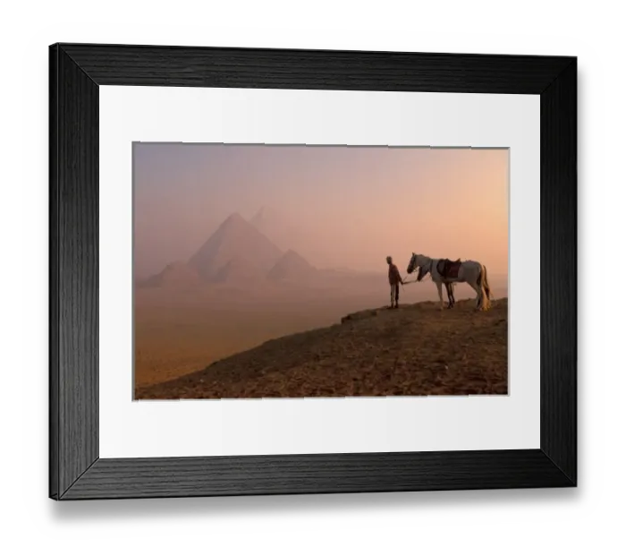 Framed Print : Africa, Egypt, Cairo, Giza, Giza pyramids at dawn with horses and guide (MR)