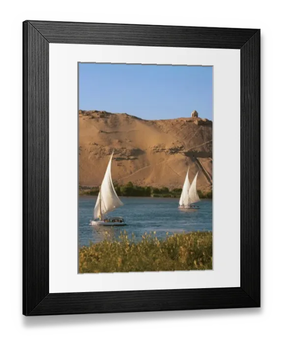 Framed Print : Egypt, Aswan, Nile River, Felucca sailboats, Palm trees and the large sand dunes Framed Print : Egypt, Aswan, Nile River, Felucca sailboats, Palm trees and the large sand dunes