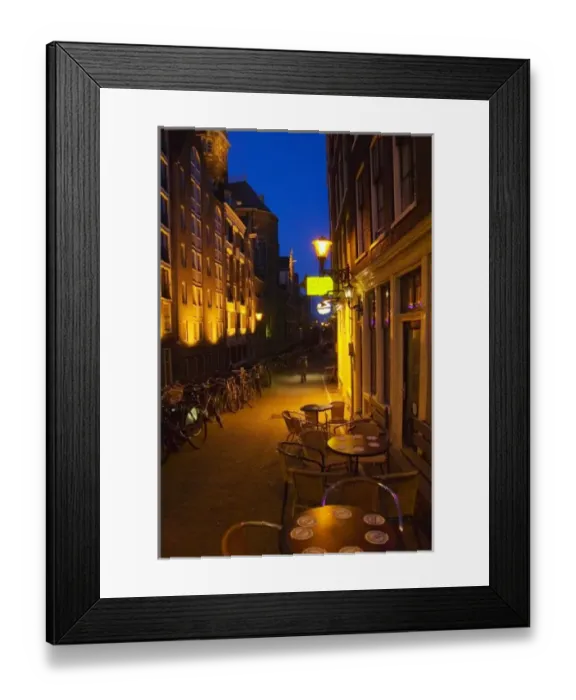 Framed Print : Buildings with 17th or 18th century facade and narrow lane at night, Amsterdam, Netherlands