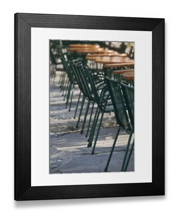 Framed Print : Italy, Verona Province, Garda. Punta San Vigilio, cafe tables, morning