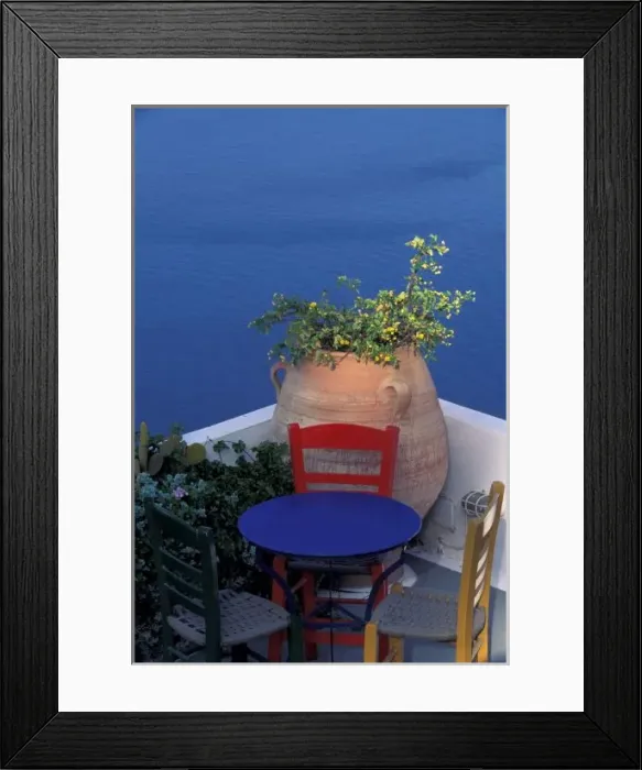 Framed Print : Europe, Greece, Santorini. Terrace with sea view