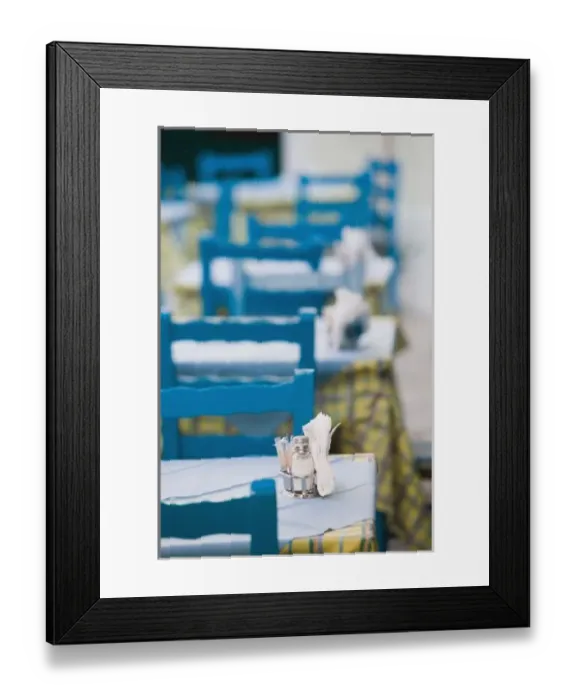 Framed Print : Greece, Northeastern Aegean Islands, SAMOS, Kokkari: Cafe Table