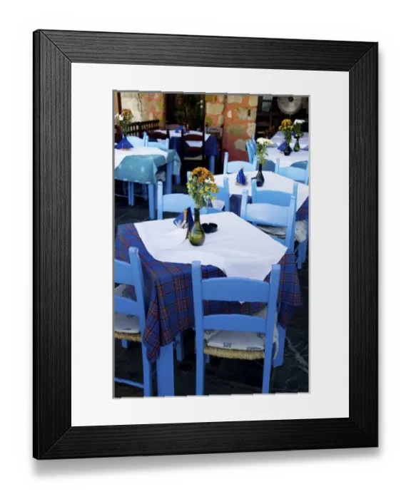 Framed Print : Greek Island of Crete and old town of Chania with outdoor cafe seating