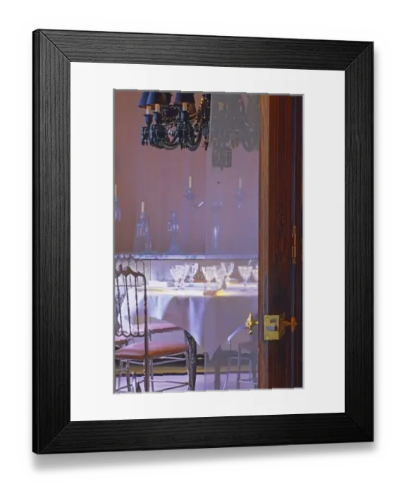 Framed Print : The private dining room with the black crystal chandelier seen through a door Framed Print : The private dining room with the black crystal chandelier seen through a door