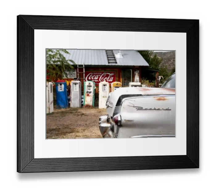 Framed Print : Dixon, New Mexico, United States. Vintage car and gasoline pumps