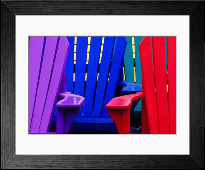Framed Print : N. A. Canada, Nova Scotia, Bridgewater. Colorful adirondack chairs