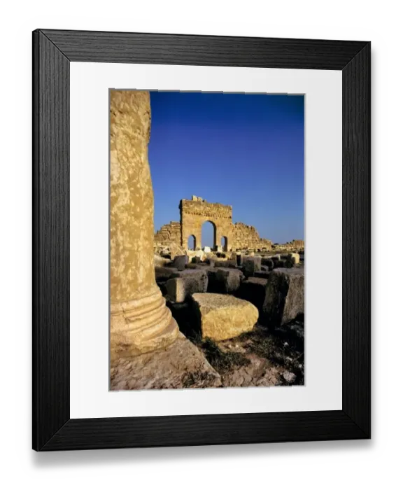 Framed Print : Three arches are examples of the well-preserved Roman ruins of Sufetula at Sbeitla, Tunisia