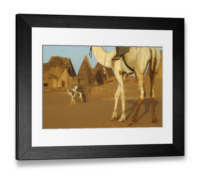Framed Print : Sudan, North (Nubia), Meroe pyramids with cameldrivers Framed Print : Sudan, North (Nubia), Meroe pyramids with cameldrivers