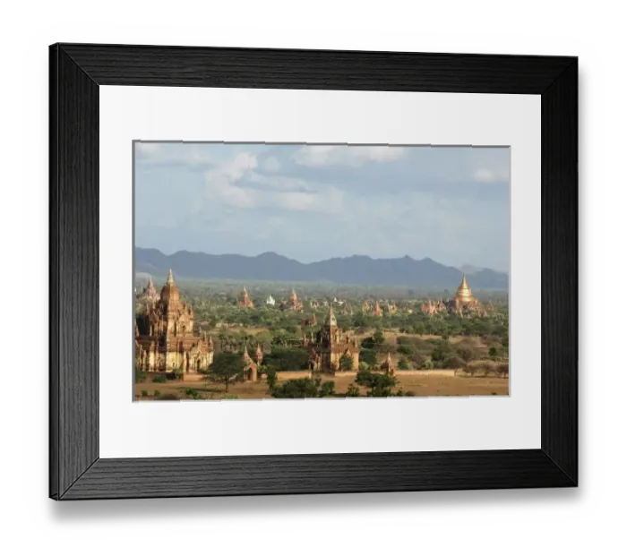 Framed Print : Myanmar, Bagan, Temple packed plain of Bagan and its green bushes, and golden sikhara