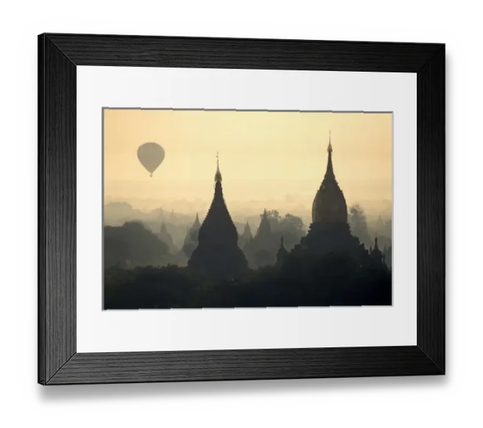 Framed Print : Asia, Burma, (Myanmar), Pagan (Bagan) Hot Air balloon over the temple complex of Pagan at dawn