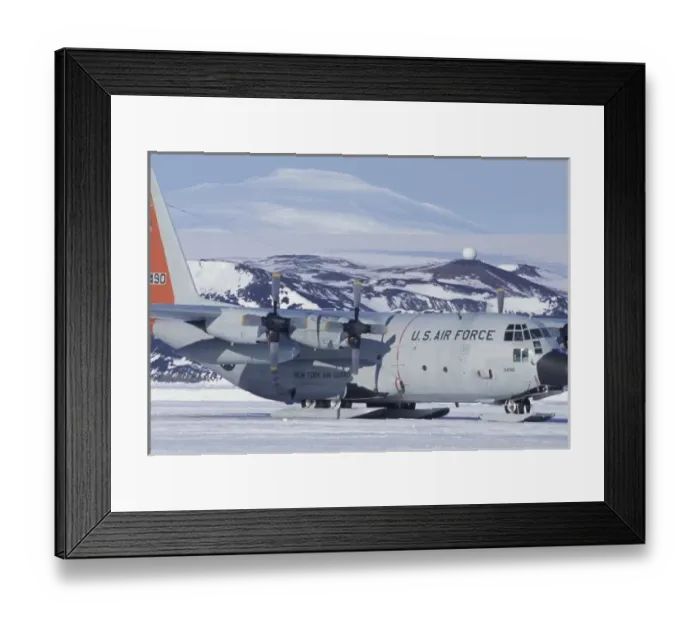 Framed Print : Antarctica, Ross Island, McMurdo station, C-130 Hercules on ice runway, Mt. Erebus beyond Framed Print : Antarctica, Ross Island, McMurdo station, C-130 Hercules on ice runway, Mt. Erebus beyond