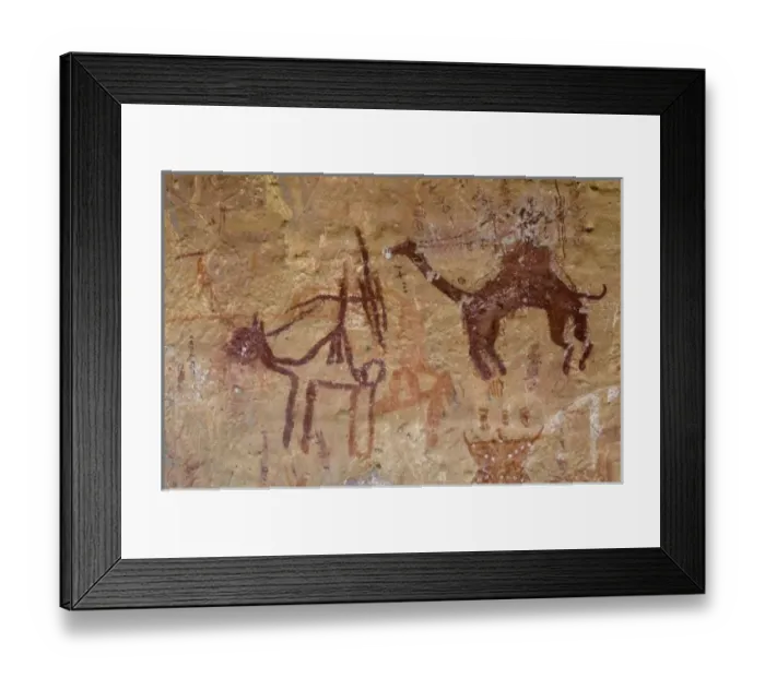 Framed Print : Prehistoric rock paintings with camels and hunters, Akakus, Sahara desert, Fezzan, Libya Framed Print : Prehistoric rock paintings with camels and hunters, Akakus, Sahara desert, Fezzan, Libya