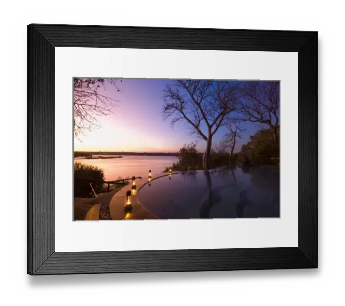 Framed Print : The River Club lodge, sunset on Zambesi River, Zambia Framed Print : The River Club lodge, sunset on Zambesi River, Zambia