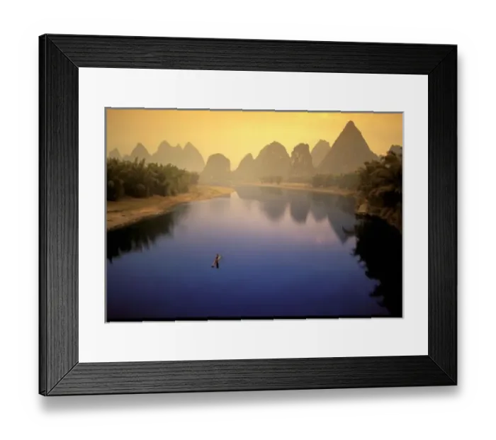 Framed Print : Asia, China, Guangxi Province, Yangshuo. Lone fisherman works calm waters of the Li River Framed Print : Asia, China, Guangxi Province, Yangshuo. Lone fisherman works calm waters of the Li River