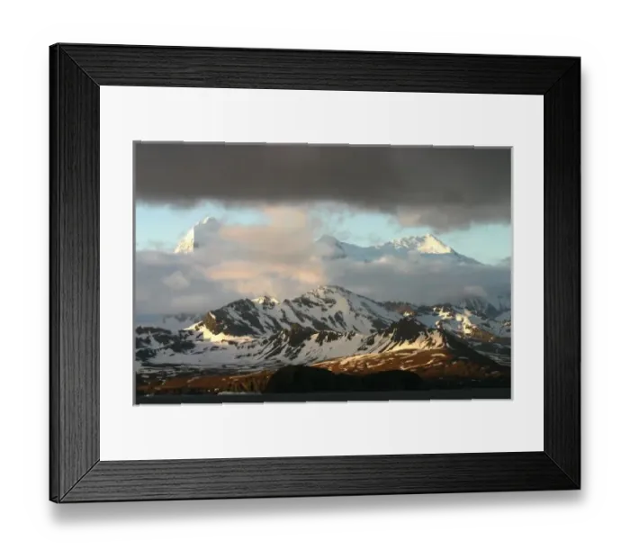 Framed Print : Sunrise over the mountain ranges on South Georgia Island
