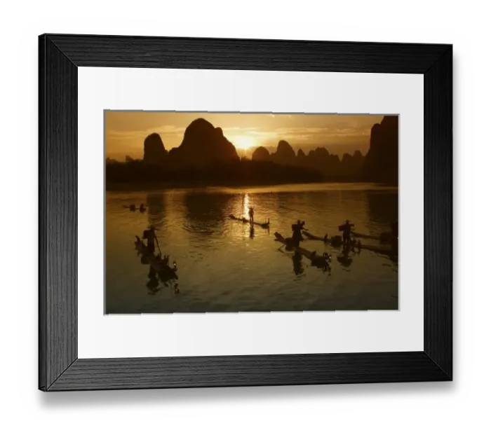 Framed Print : Bamboo rafts on the Li River at sunset, Yangshuo, Guangxi Province, China