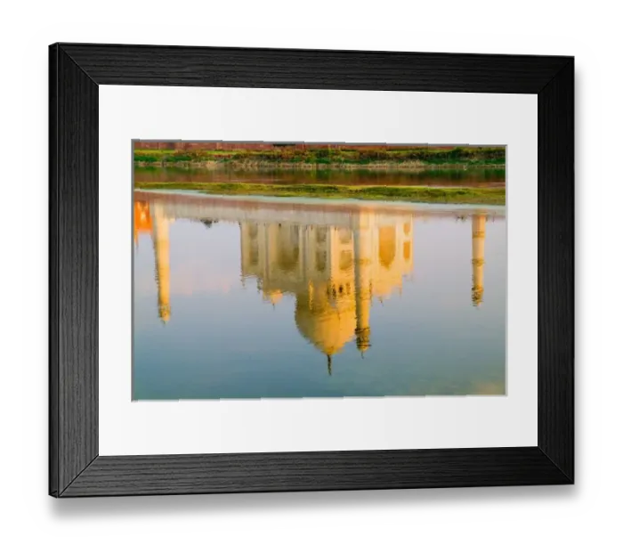 Framed Print : World famous Taj Mahal temple reflection at sunset from Yamuna River in town of Agra India Framed Print : World famous Taj Mahal temple reflection at sunset from Yamuna River in town of Agra India