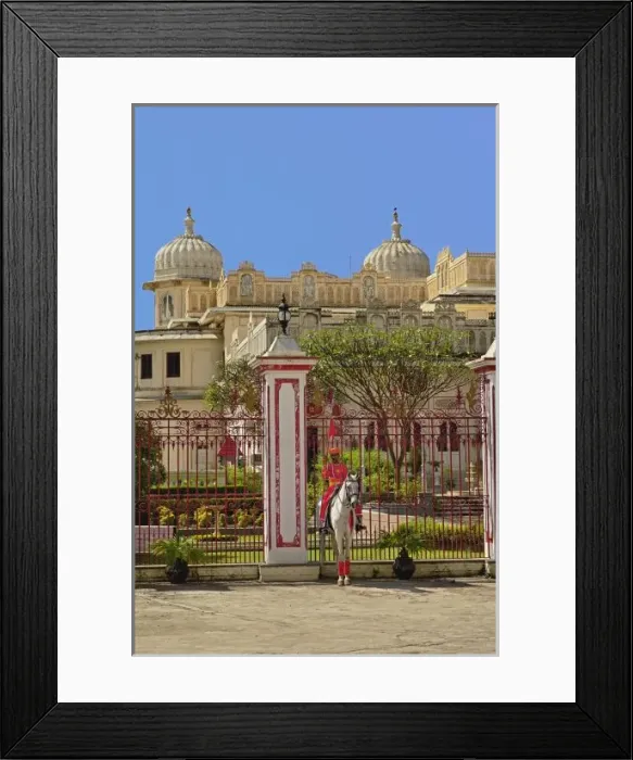 Framed Print : Guard on horseback standing in front of City Palace, Udaipur, India Framed Print : Guard on horseback standing in front of City Palace, Udaipur, India