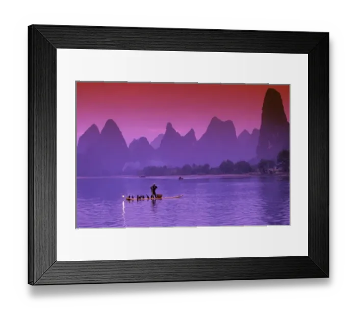 Framed Print : China, Guanxi. Li river single cormorant fisherman Li river. Xialong