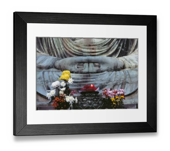 Framed Print : Japan, Kanagawa Pref. Kamakura. Floral arrangements surround a bowl of apples