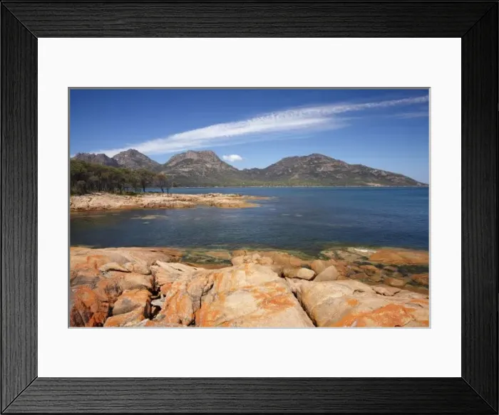 Framed Print : Orange Lichen on Rocks, Coles Bay, and The Hazards, Freycinet National Park, Freycinet Peninsula Framed Print : Orange Lichen on Rocks, Coles Bay, and The Hazards, Freycinet National Park, Freycinet Peninsula