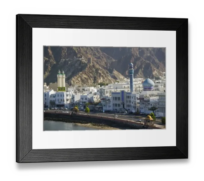 Framed Print : Oman, Muscat, Mutrah. Buildings along Mutrah Corniche / Late Afternoon Framed Print : Oman, Muscat, Mutrah. Buildings along Mutrah Corniche / Late Afternoon