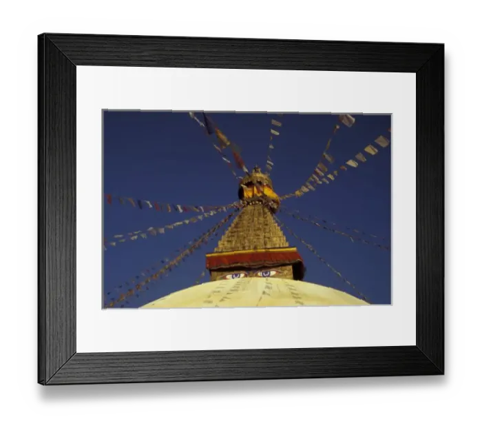 Framed Print : Nepal, Kathmandu. Under prayer flags, watchful eyes of Buddha gaze from Bodhnath Stupa, c Framed Print : Nepal, Kathmandu. Under prayer flags, watchful eyes of Buddha gaze from Bodhnath Stupa, c
