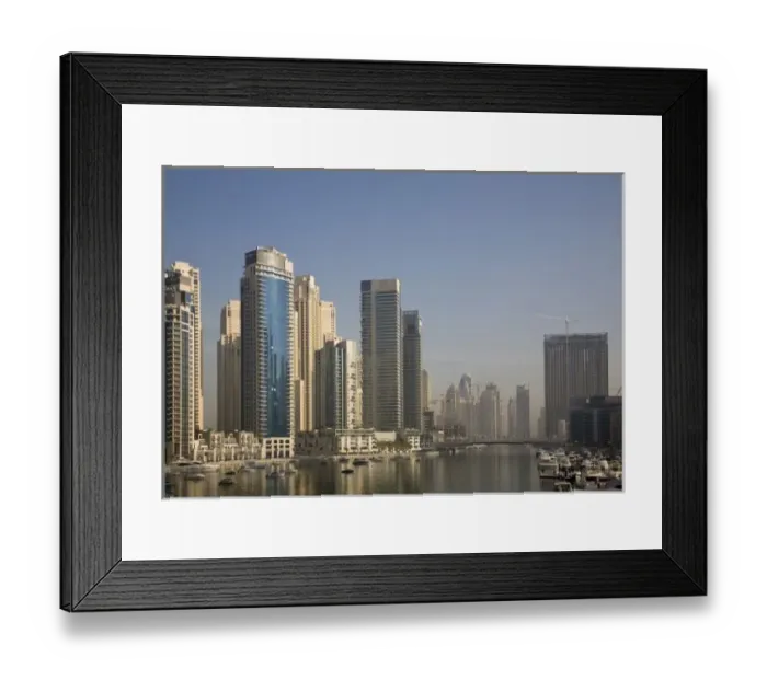 Framed Print : UAE, Dubai. Marina towers with boats at anchor
