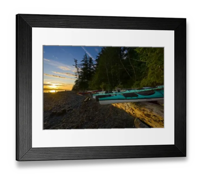Framed Print : Canada, British Columbia, Vancouver Island, Johnstone Strait. Sea kayaks and sunrise Framed Print : Canada, British Columbia, Vancouver Island, Johnstone Strait. Sea kayaks and sunrise