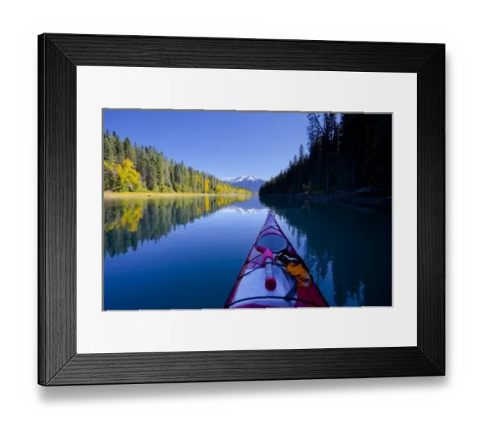 Framed Print : Canada, British Columbia, Bowron Lakes Provincial Park. Bow of sea kayak on a broad